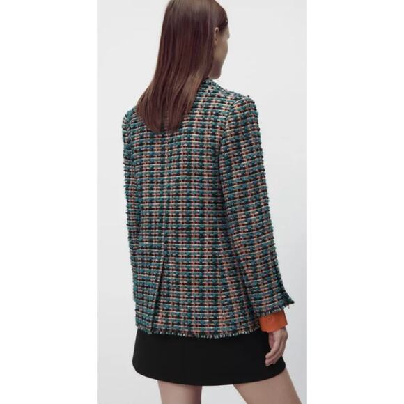 ZARA Tweed Textured Fitted Blazer Multicolor Frayed Trim Gold Button Women's XS - Picture 5 of 14